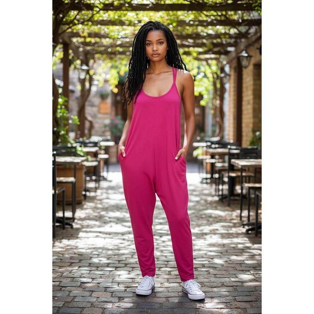 Zenana Women Fuchsia Pink Harem Jumpsuit CP-3363 Spaghetti Strap S/M